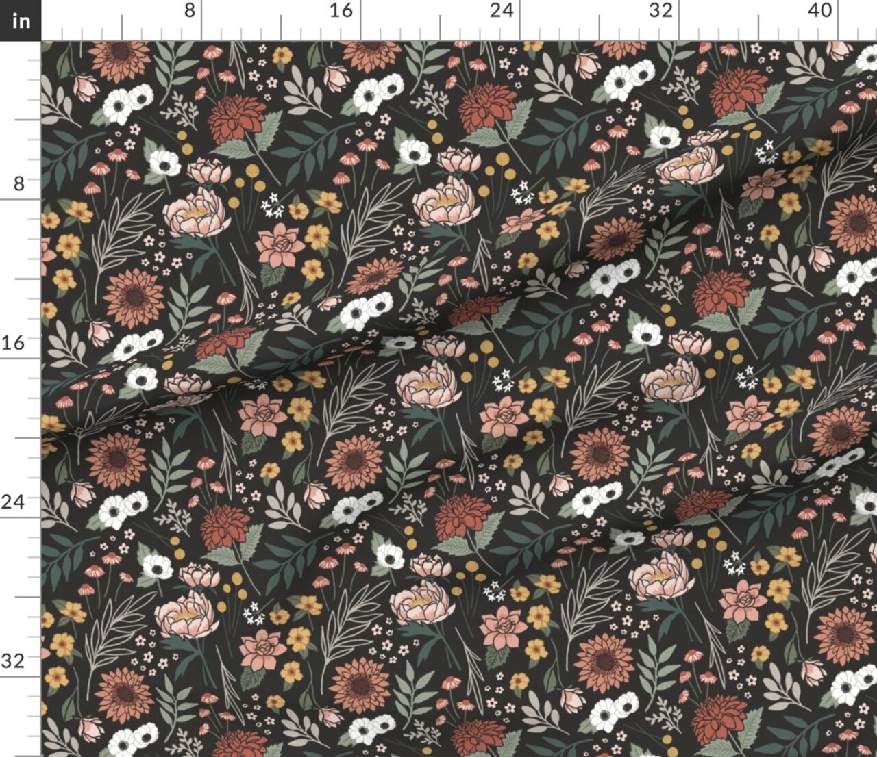 Dark Boho Floral Mustard Bohemian Sage Green Botanical Dusty Rose Earthtone Earthy Colors Autumn Floral Boho On Black Custom Printed Fabric by Spoonflower Various Fabrics by the Yard or Fat Quarter